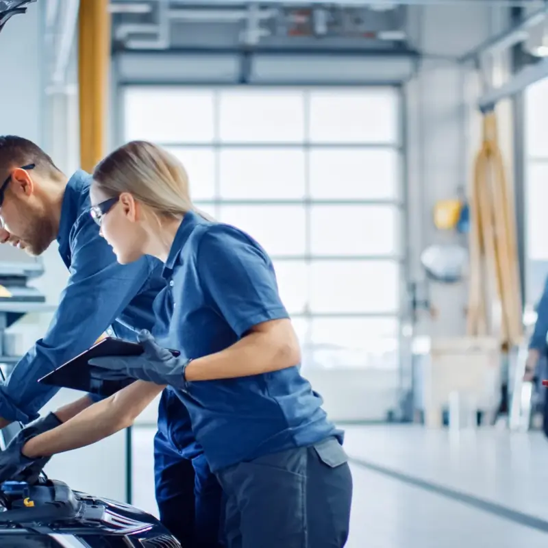Two auto technicians in blue uniforms and safety glasses inspect a car's engine under the open hood while one holds a tablet in a bright repair shop.